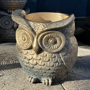 A highly detailed owl-shaped planter in an ancient gilded slate finish with metallic gold feather highlights, sitting on a natural wood stump.