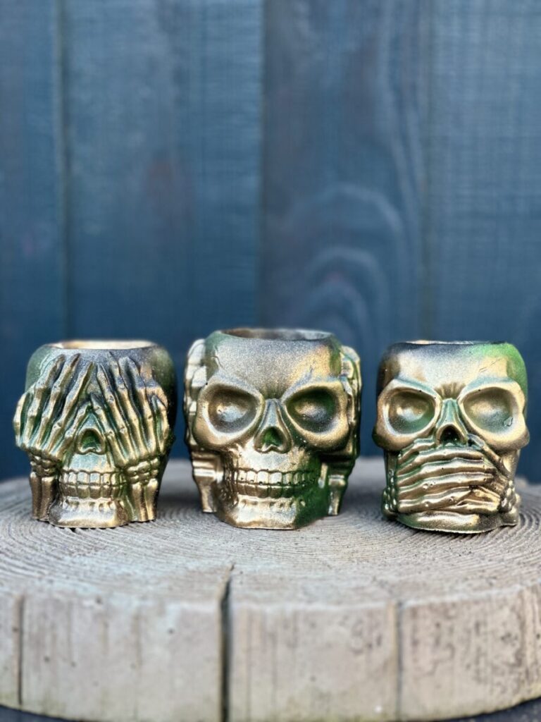 Iridescent "No Evil" Skull Vessel Collection Moss Metallic