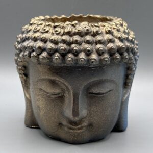 A detailed planter shaped like a Buddha head with a weathered bronze and gold finish, showing eyes closed in a meditative expression against a grey background.