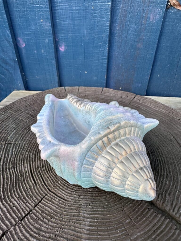 An iridescent hand-cast planter shaped like a large conch shell with a seafoam blue and pink pearlescent finish, resting on a dark wood grain surface against a blue wooden wall.