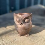 A front-facing view of a handcrafted owl planter with a deep metallic bronze finish, featuring detailed fanned patterns around the eyes and a textured surface.