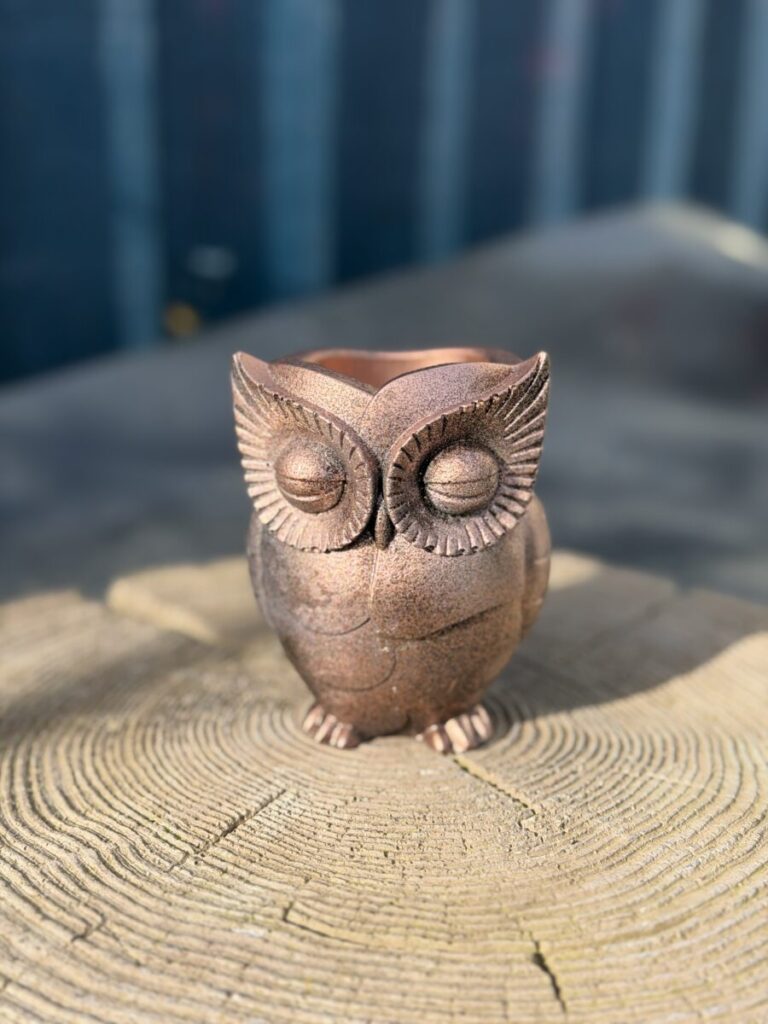 A front-facing view of a handcrafted owl planter with a deep metallic bronze finish, featuring detailed fanned patterns around the eyes and a textured surface.