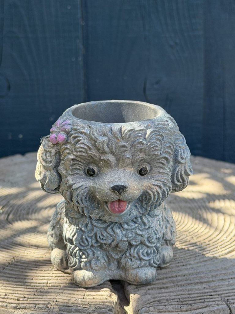 Hand-cast curly puppy planter in soft stone grey with a pink flower behind one ear and its tongue out, on a wooden log