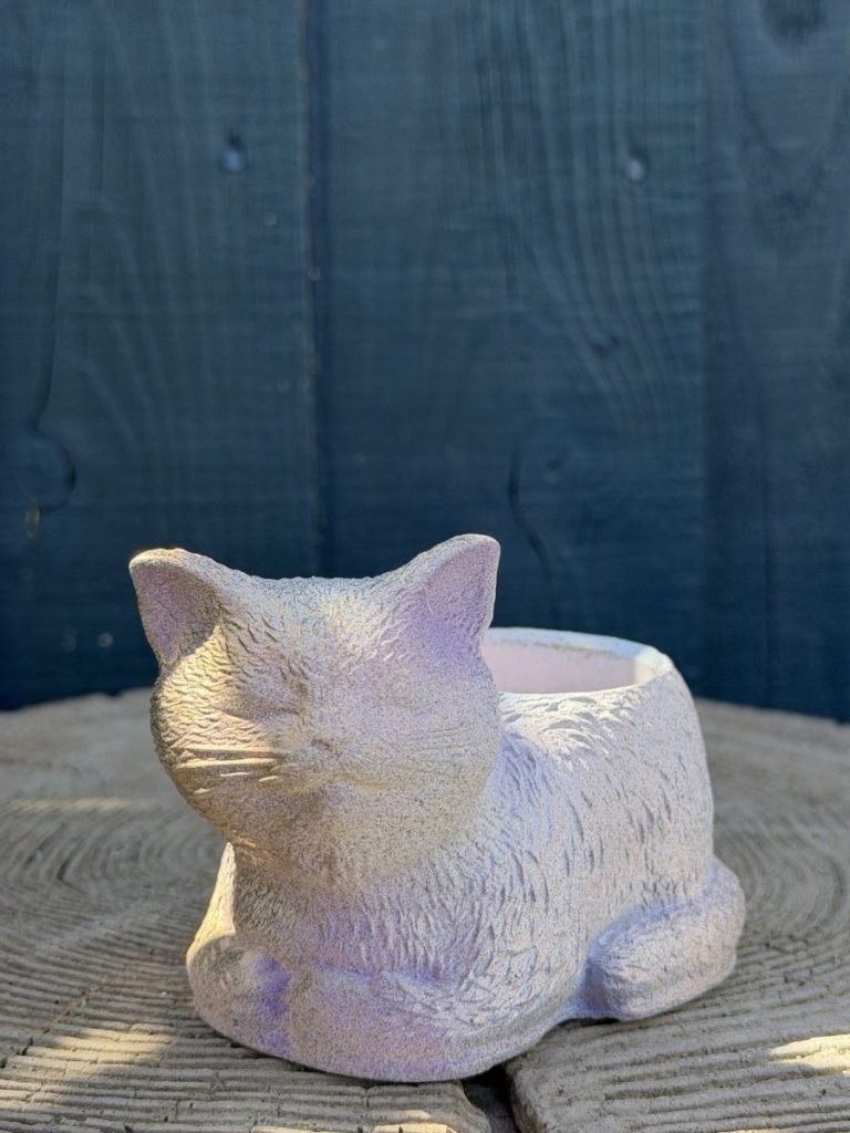 Hand-cast sleeping cat planter with an iridescent opal pearl finish, curled up with eyes closed, on a wooden log
